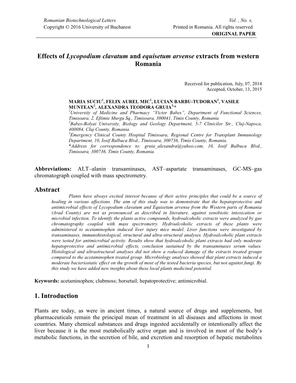 Effects of Lycopodium Clavatum and Equisetum Arvense Extracts from Western Romania