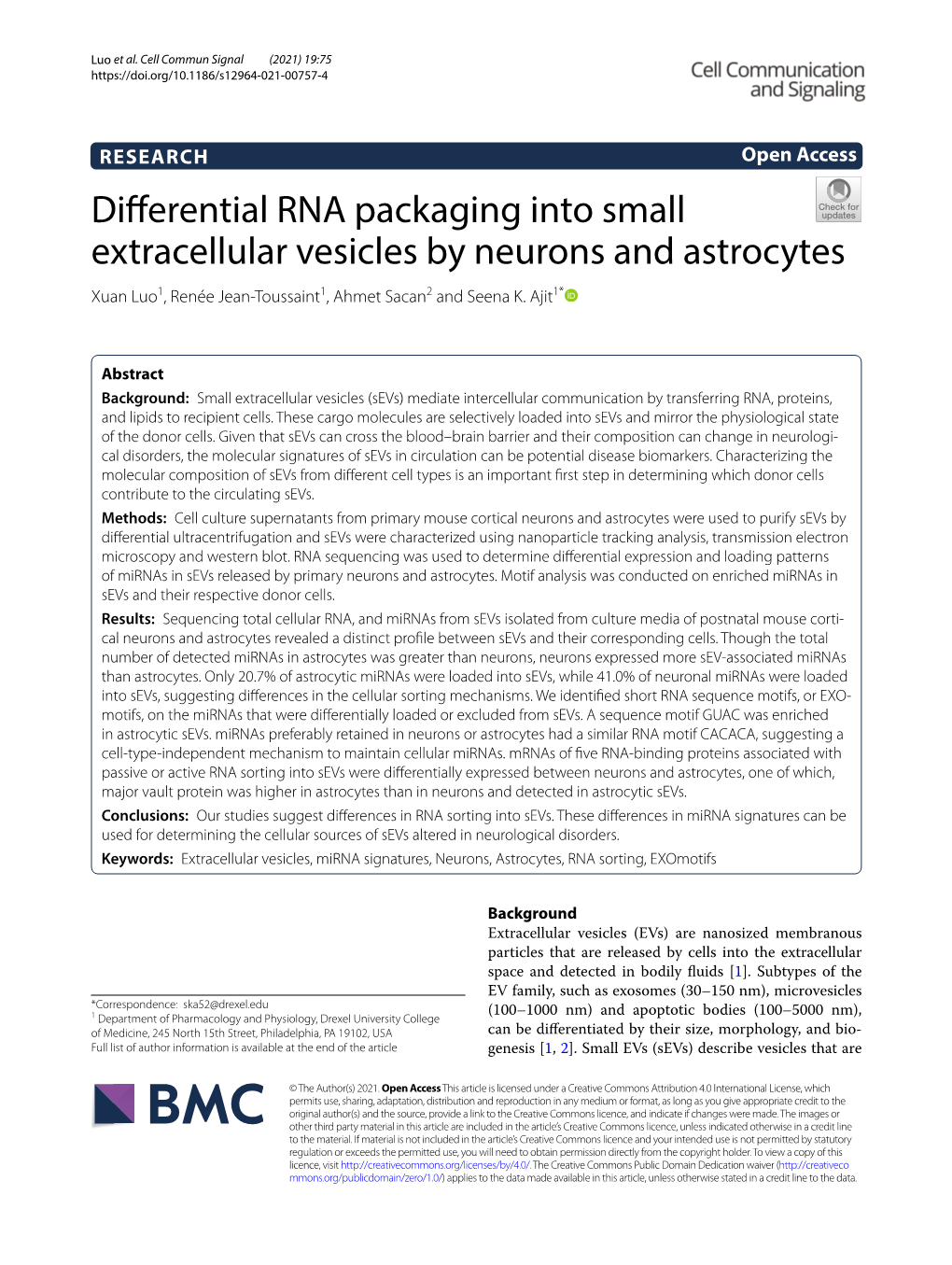 Differential RNA Packaging Into Small Extracellular Vesicles by Neurons