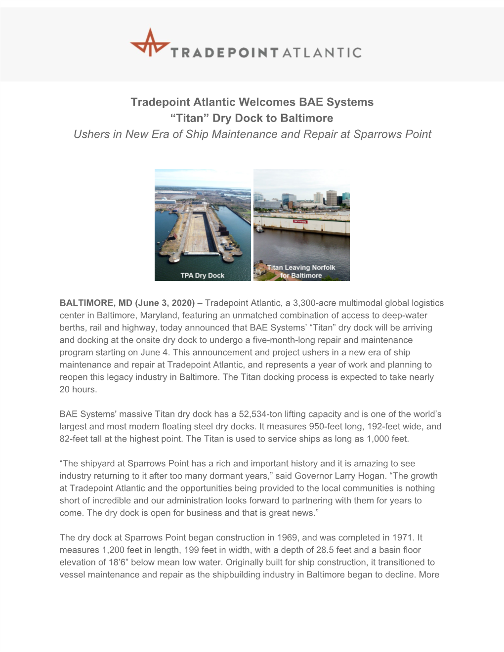 Tradepoint Atlantic Welcomes BAE Systems “Titan” Dry Dock to Baltimore Ushers in New Era of Ship Maintenance and Repair at Sparrows Point