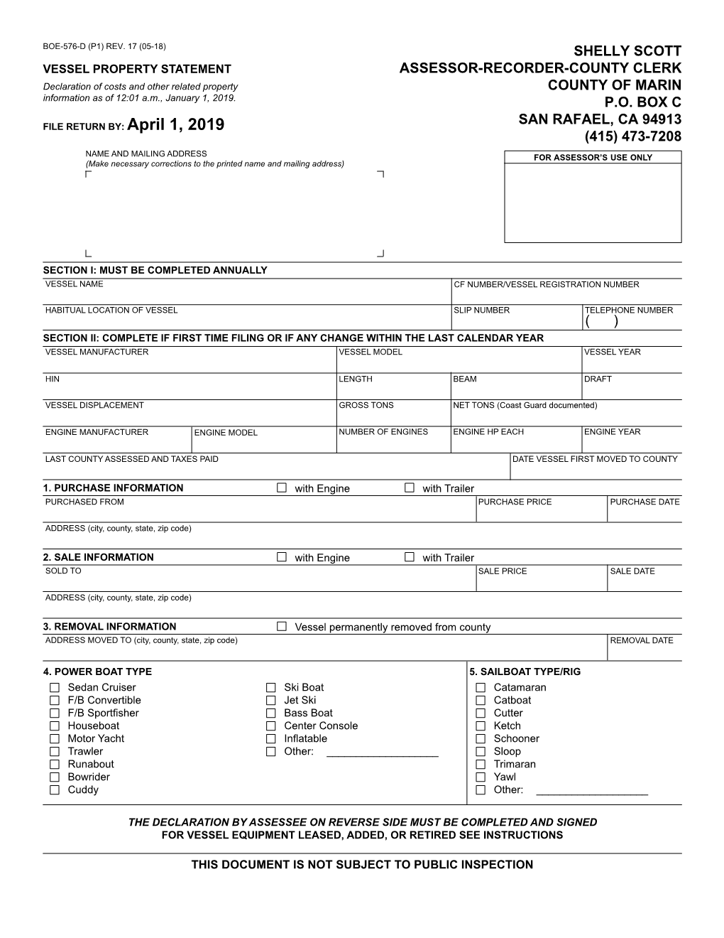 VESSEL PROPERTY STATEMENT ASSESSOR-RECORDER-COUNTY CLERK Declaration of Costs and Other Related Property COUNTY of MARIN Information As of 12:01 A.M., January 1, 2019