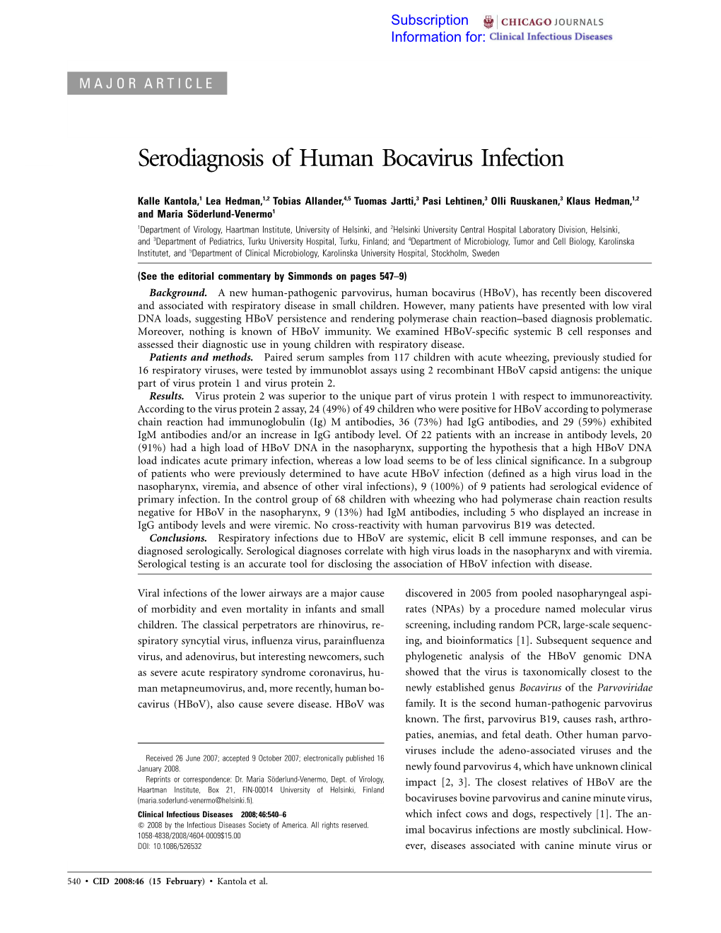 Serodiagnosis of Human Bocavirus Infection