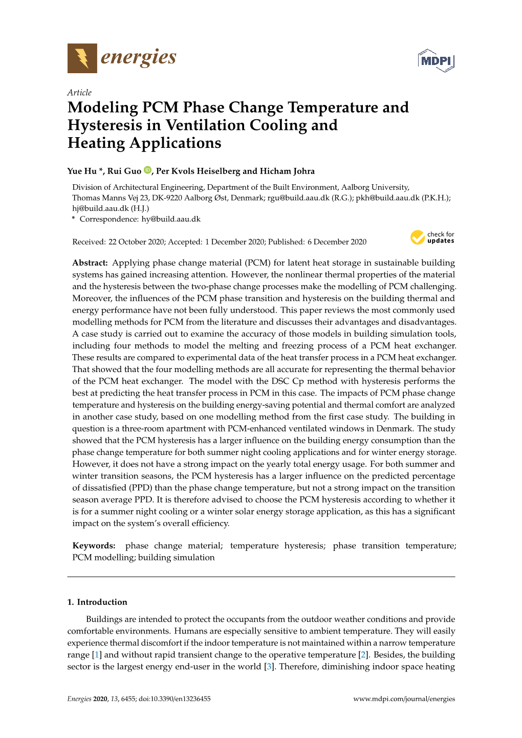 Modeling PCM Phase Change Temperature and Hysteresis in Ventilation Cooling and Heating Applications