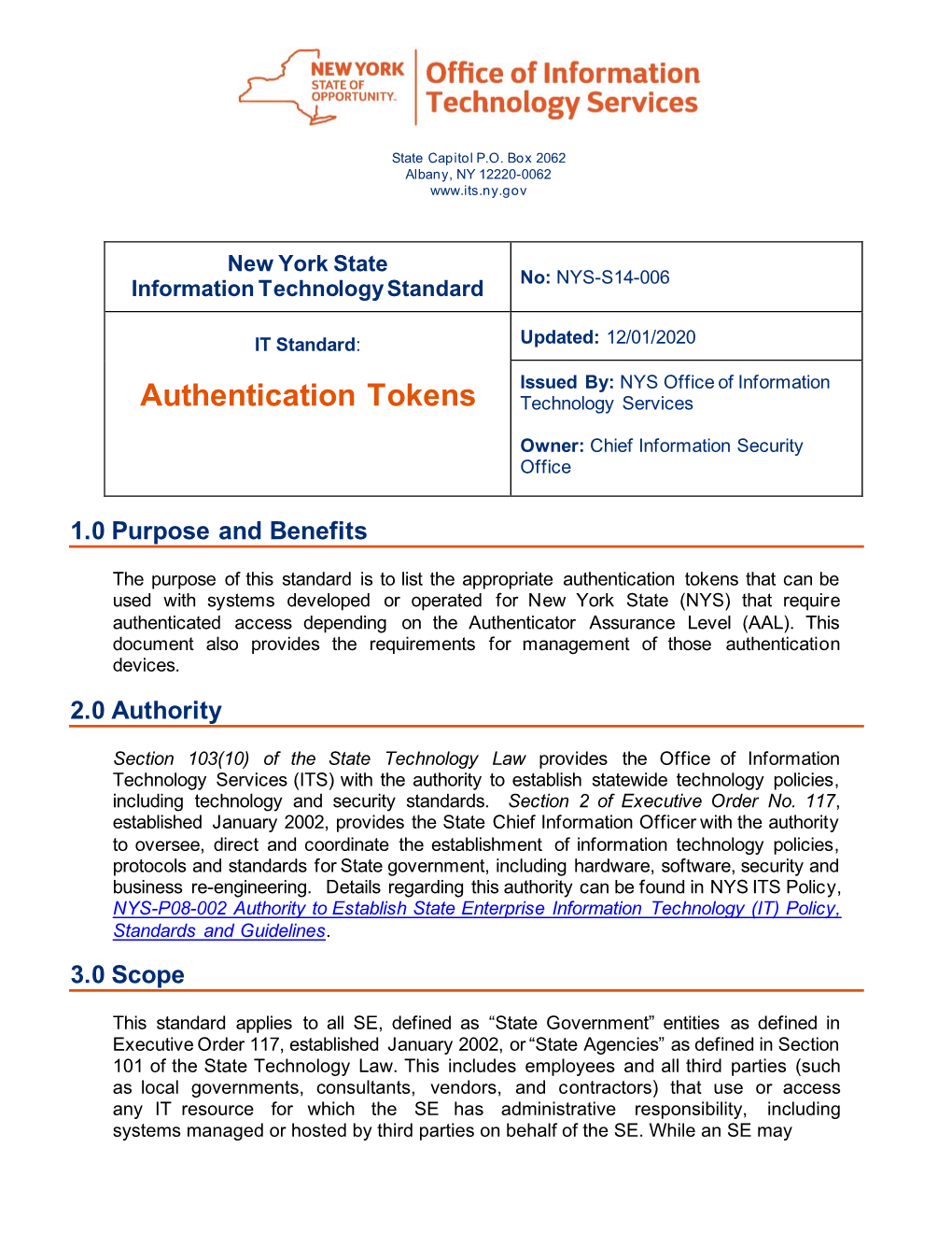 NYS-S14-006 Authentication Tokens Standard