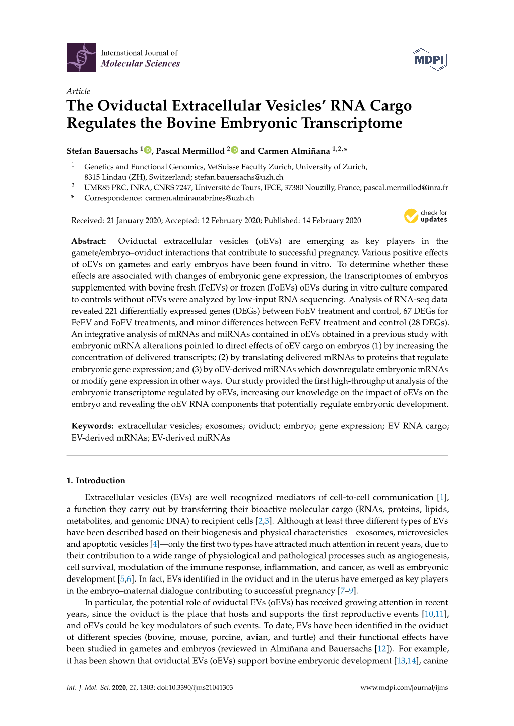 The Oviductal Extracellular Vesicles' RNA Cargo Regulates the Bovine