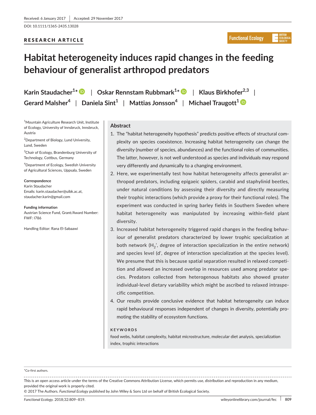 Habitat Heterogeneity Induces Rapid Changes in the Feeding Behaviour of Generalist Arthropod Predators