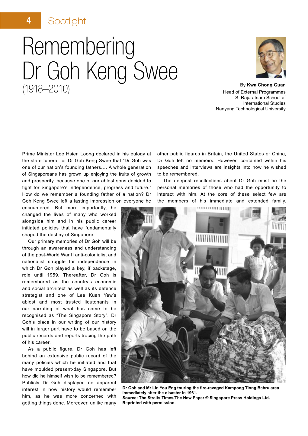 Remembering Dr Goh Keng Swee by Kwa Chong Guan (1918–2010) Head of External Programmes S
