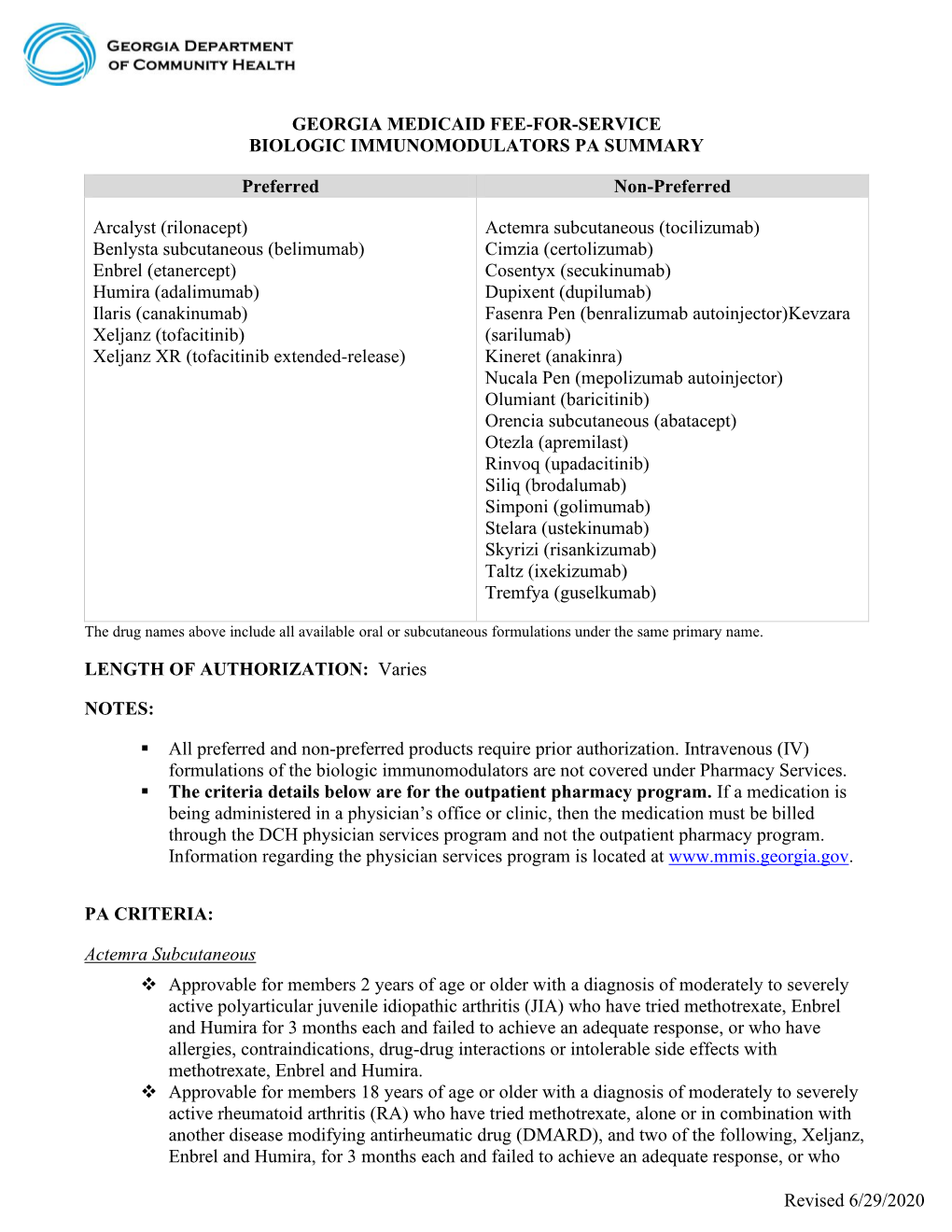 Revised 6/29/2020 GEORGIA MEDICAID FEE-FOR-SERVICE