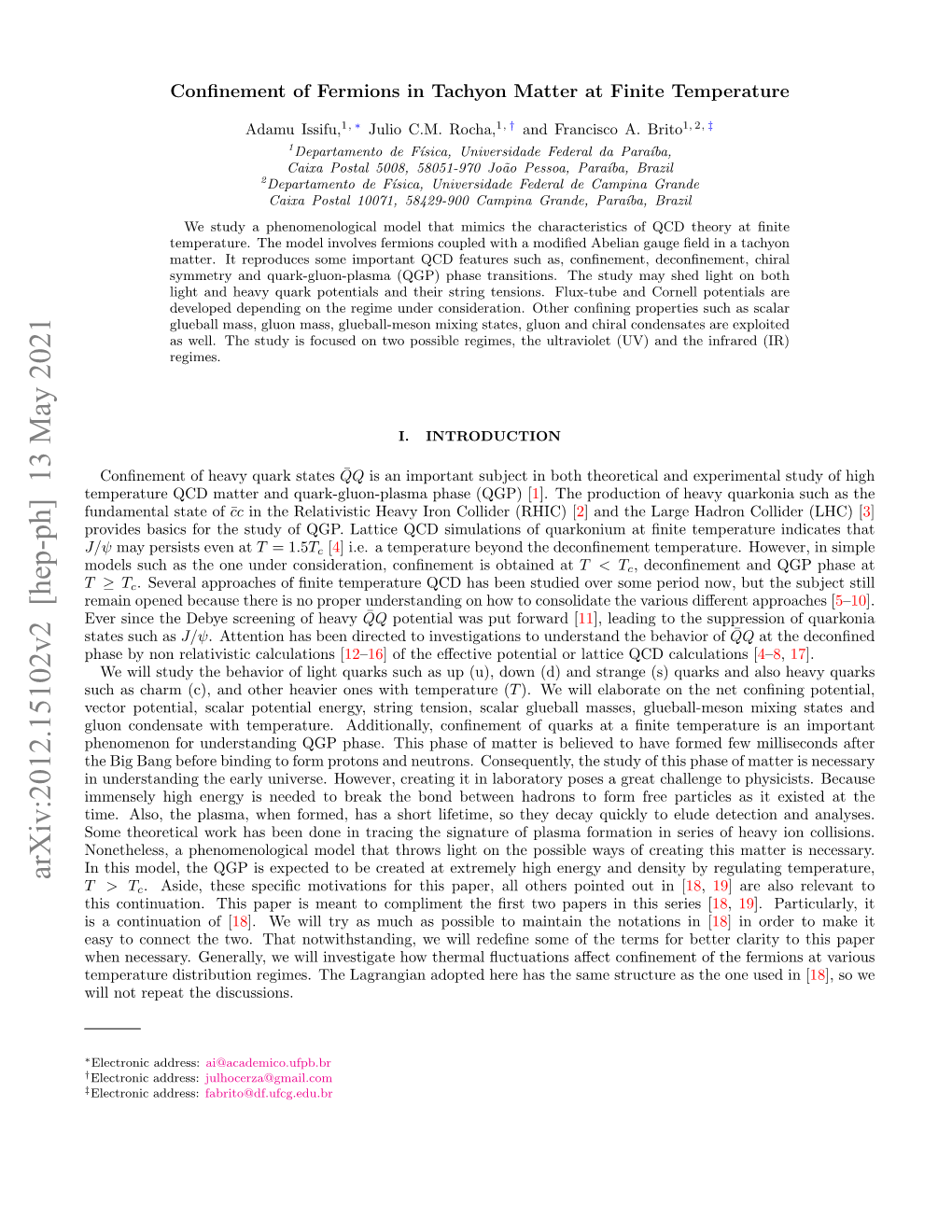 Arxiv:2012.15102V2 [Hep-Ph] 13 May 2021 T > Tc