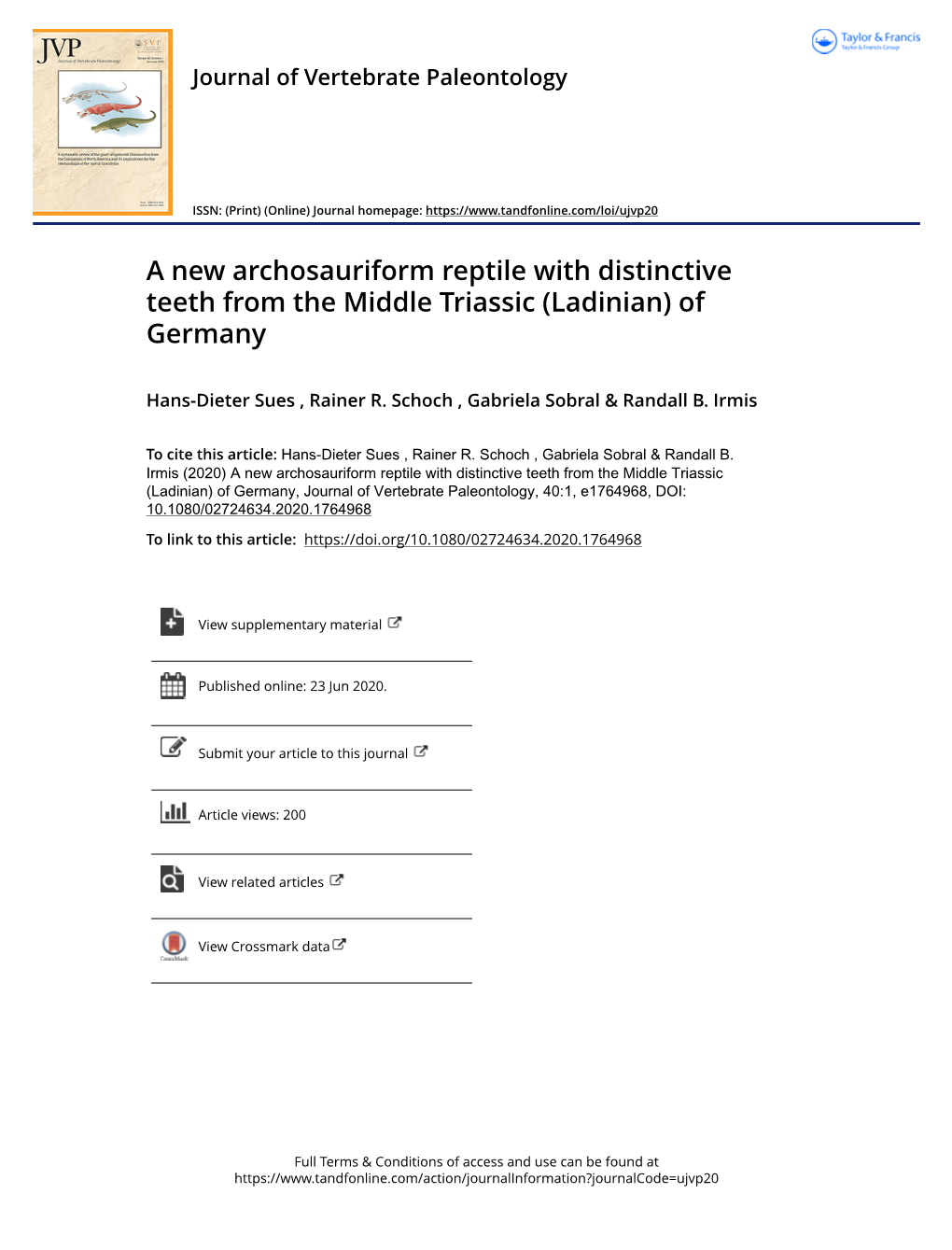 A New Archosauriform Reptile with Distinctive Teeth from the Middle Triassic (Ladinian) of Germany