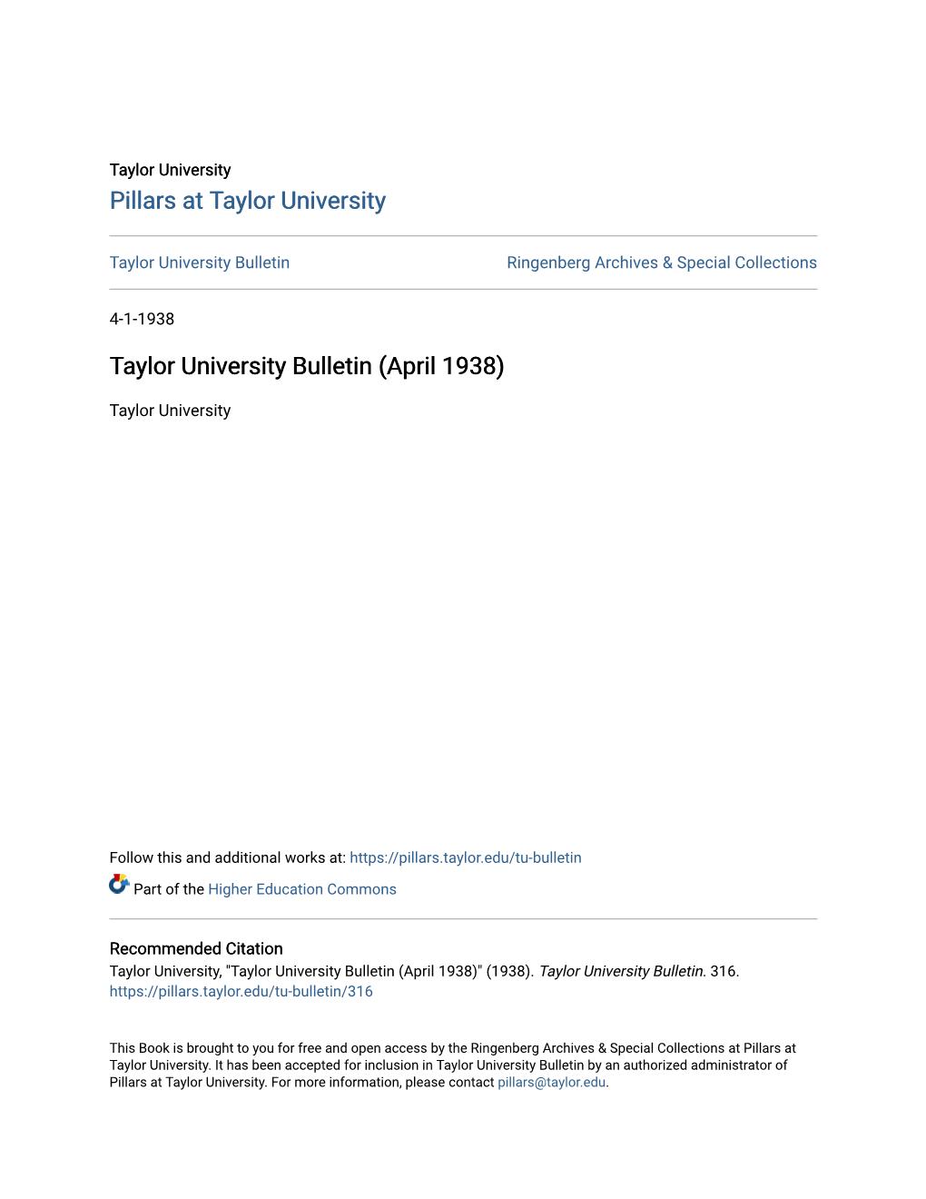 Taylor University Bulletin (April 1938)