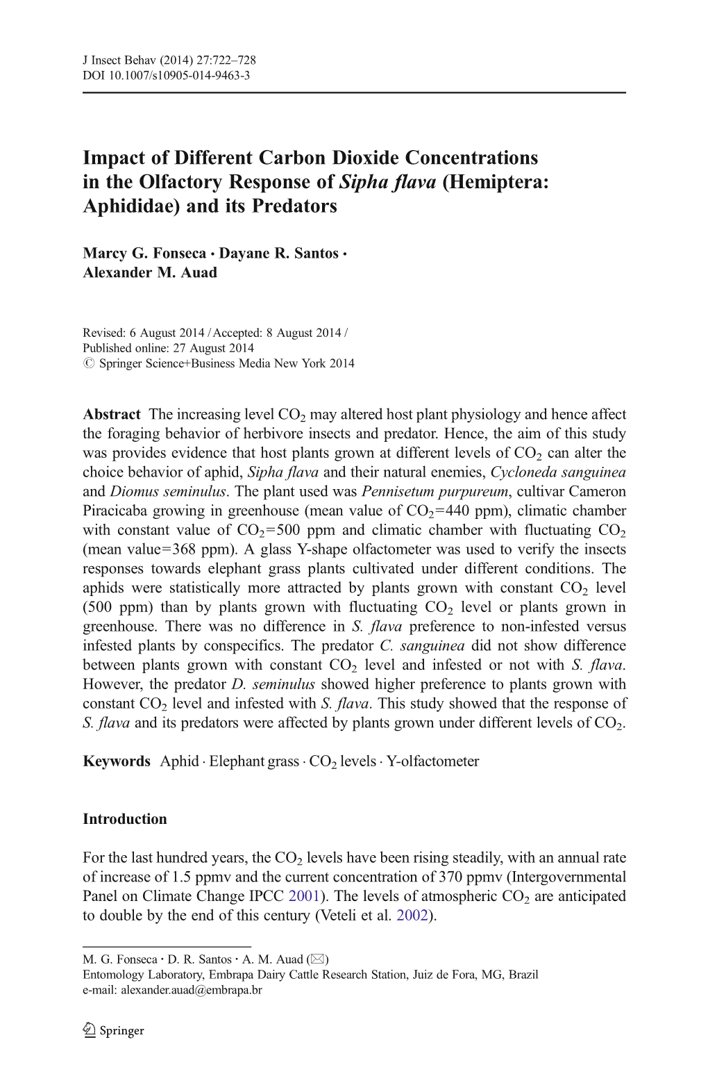 Impact of Different Carbon Dioxide Concentrations in the Olfactory Response of Sipha Flava (Hemiptera: Aphididae) and Its Predators