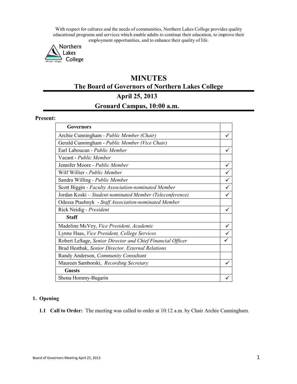 MINUTES the Board of Governors of Northern Lakes College