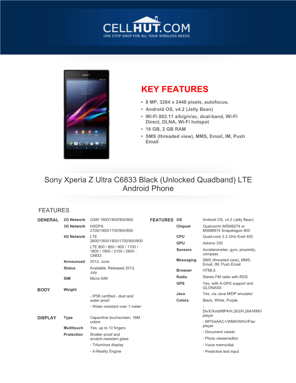Sony Xperia Z Ultra C6833 Black (Unlocked Quadband) LTE Android Phone