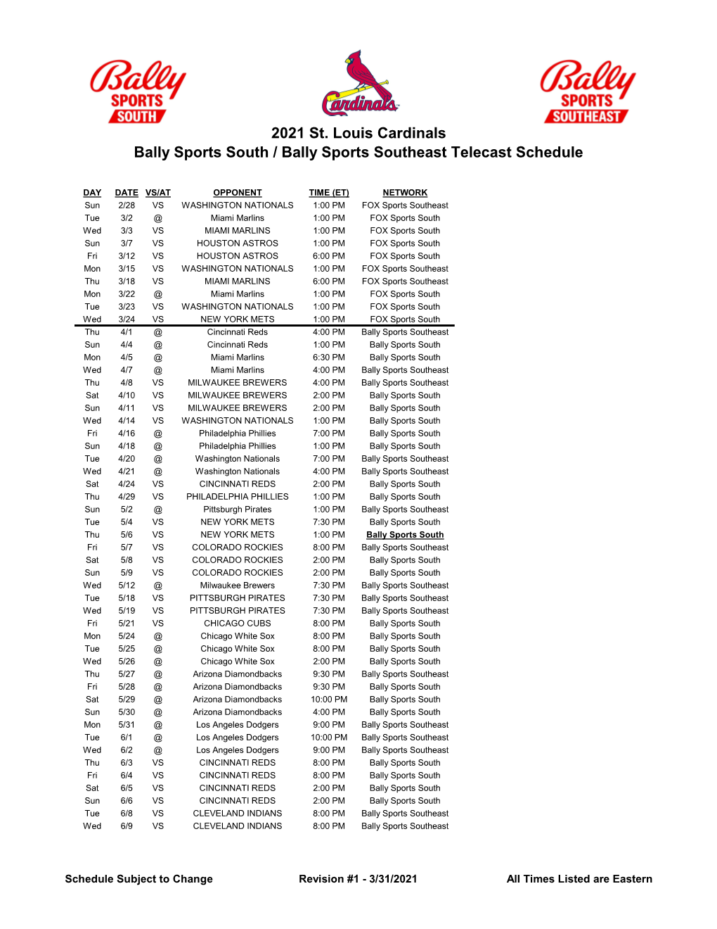 2021 Cardinals TV Schedule Bally Sports South and Southeast