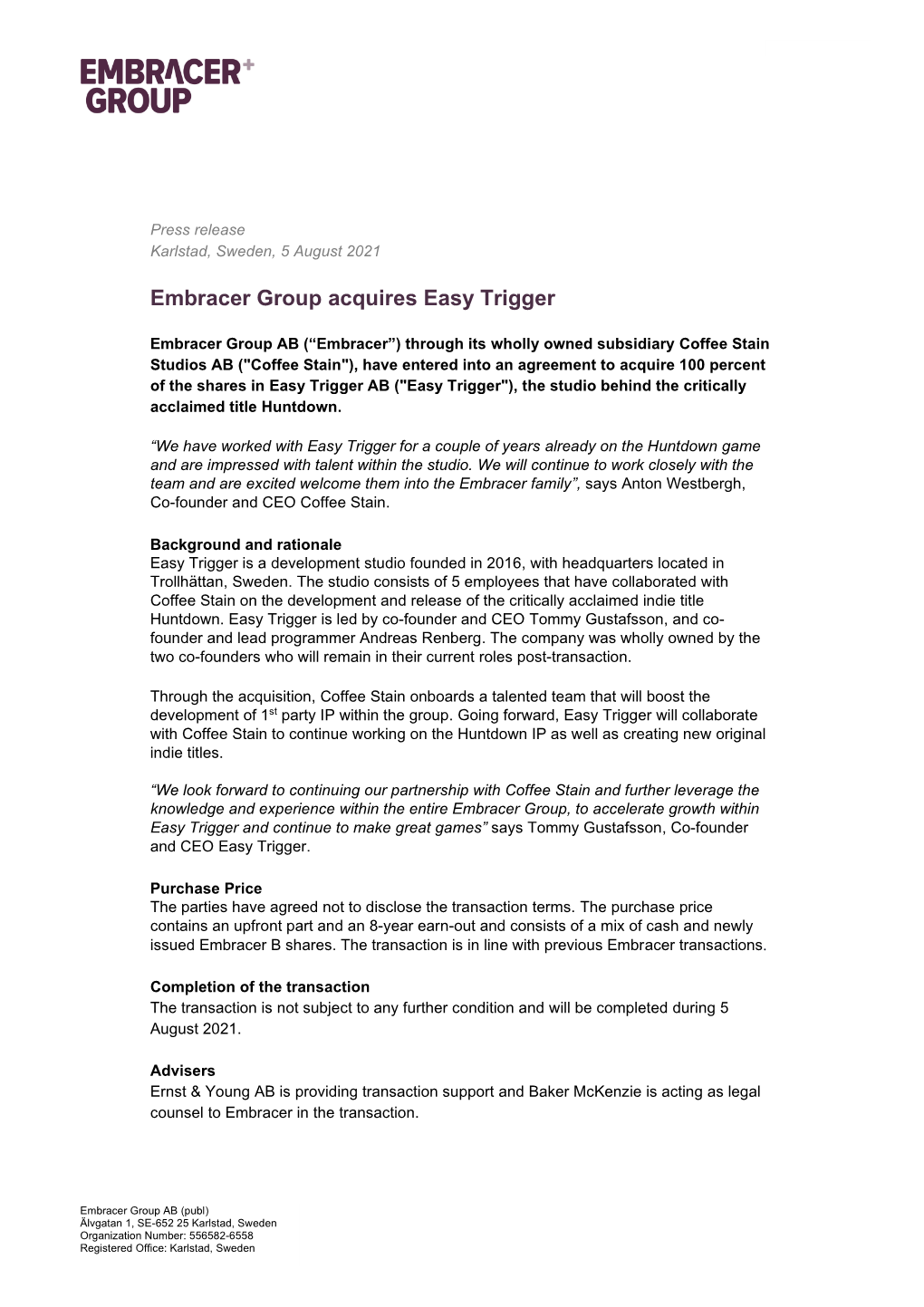 Embracer Group Acquires Easy Trigger