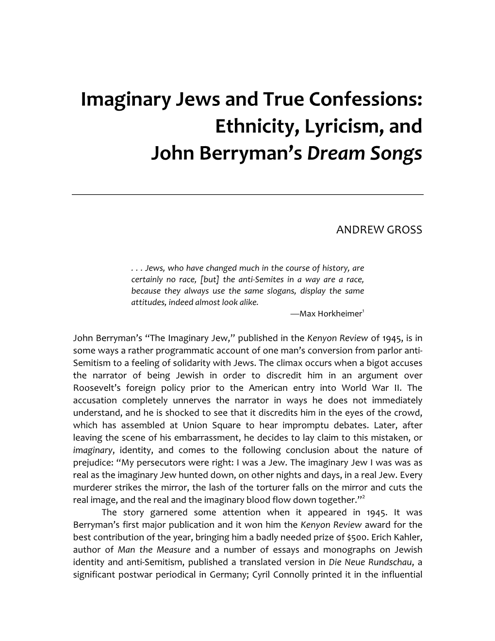 Ethnicity, Lyricism, and John Berryman's Dream Songs