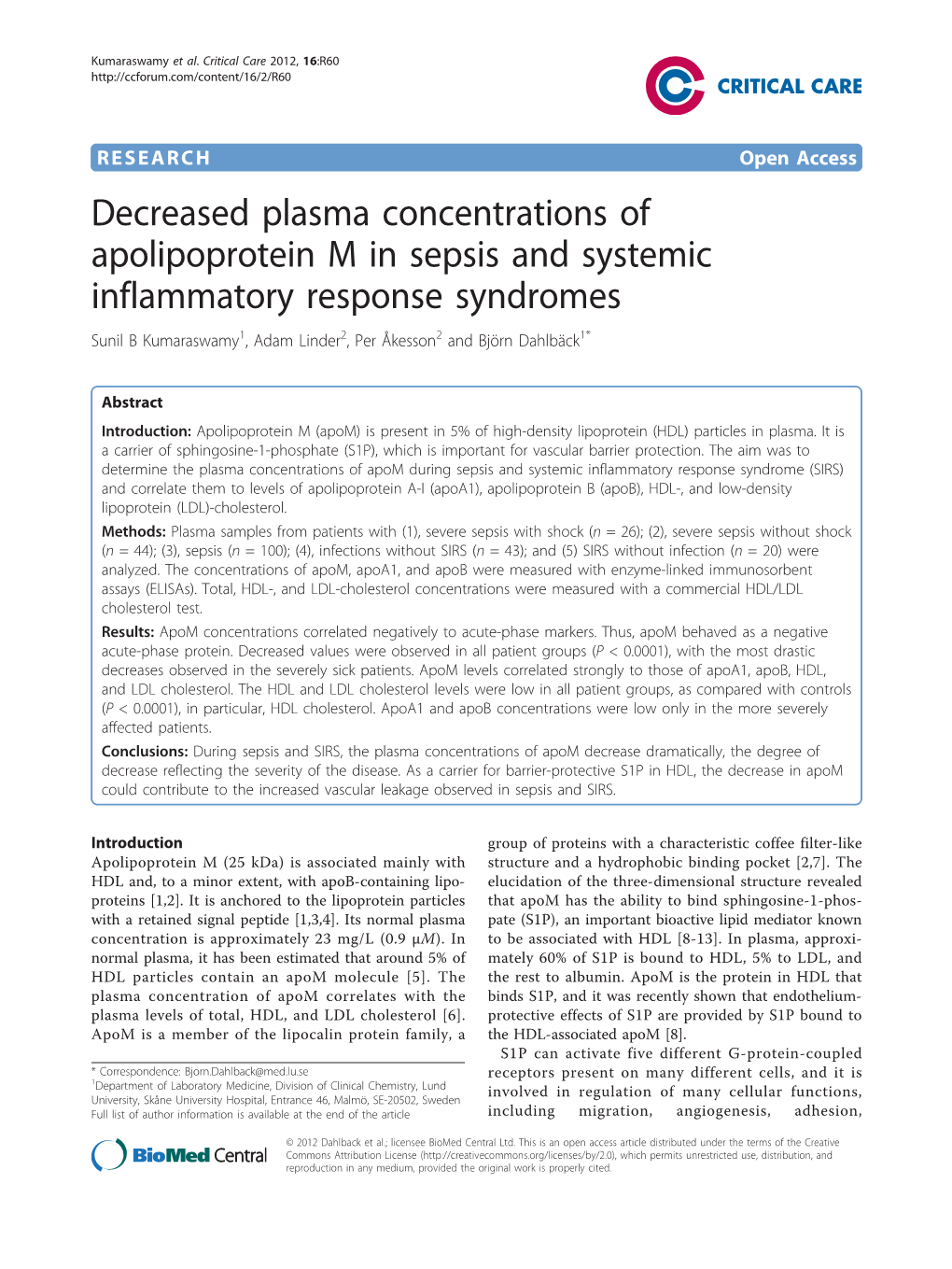 Decreased Plasma Concentrations of Apolipoprotein M in Sepsis And