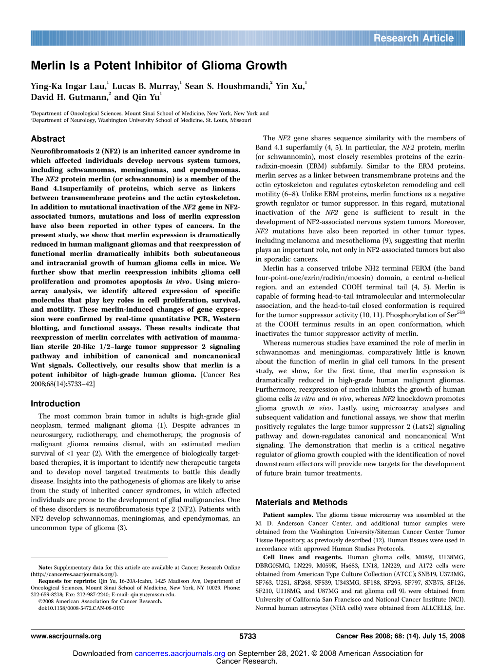 Merlin Is a Potent Inhibitor of Glioma Growth