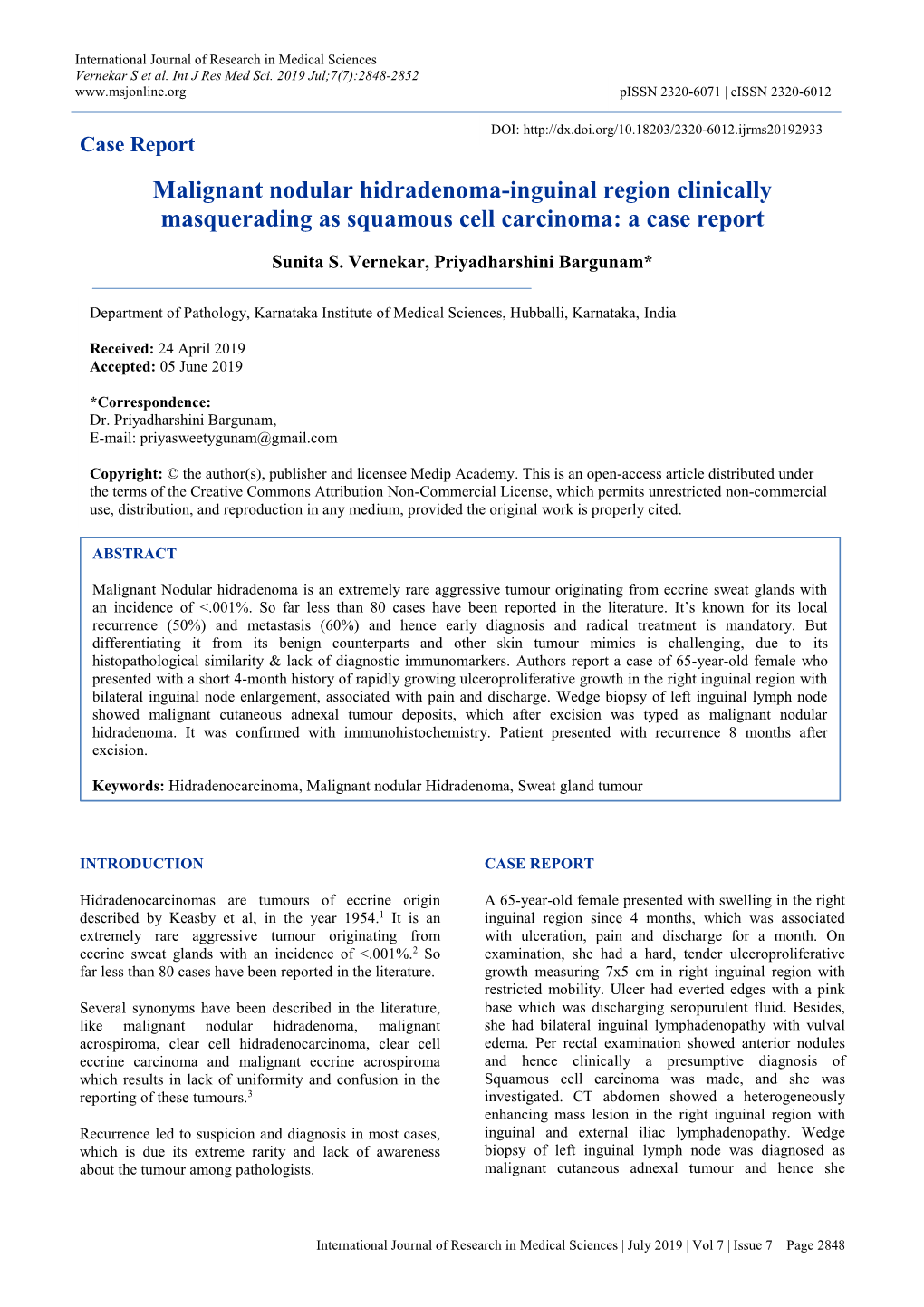 Malignant Nodular Hidradenoma-Inguinal Region Clinically Masquerading As Squamous Cell Carcinoma: a Case Report