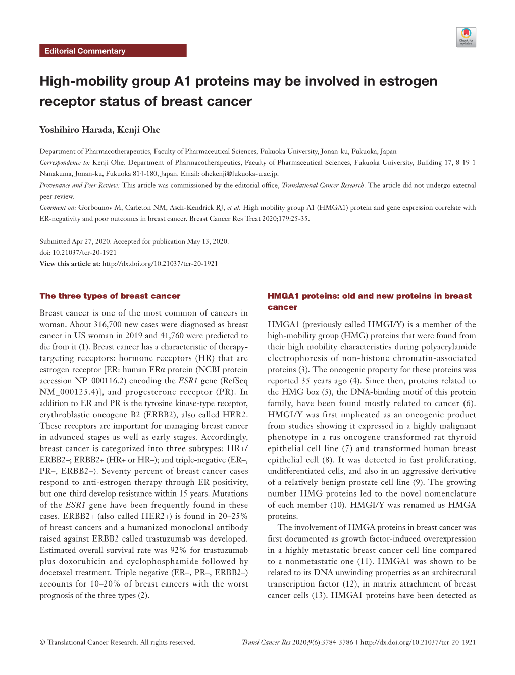 High-Mobility Group A1 Proteins May Be Involved in Estrogen Receptor Status of Breast Cancer