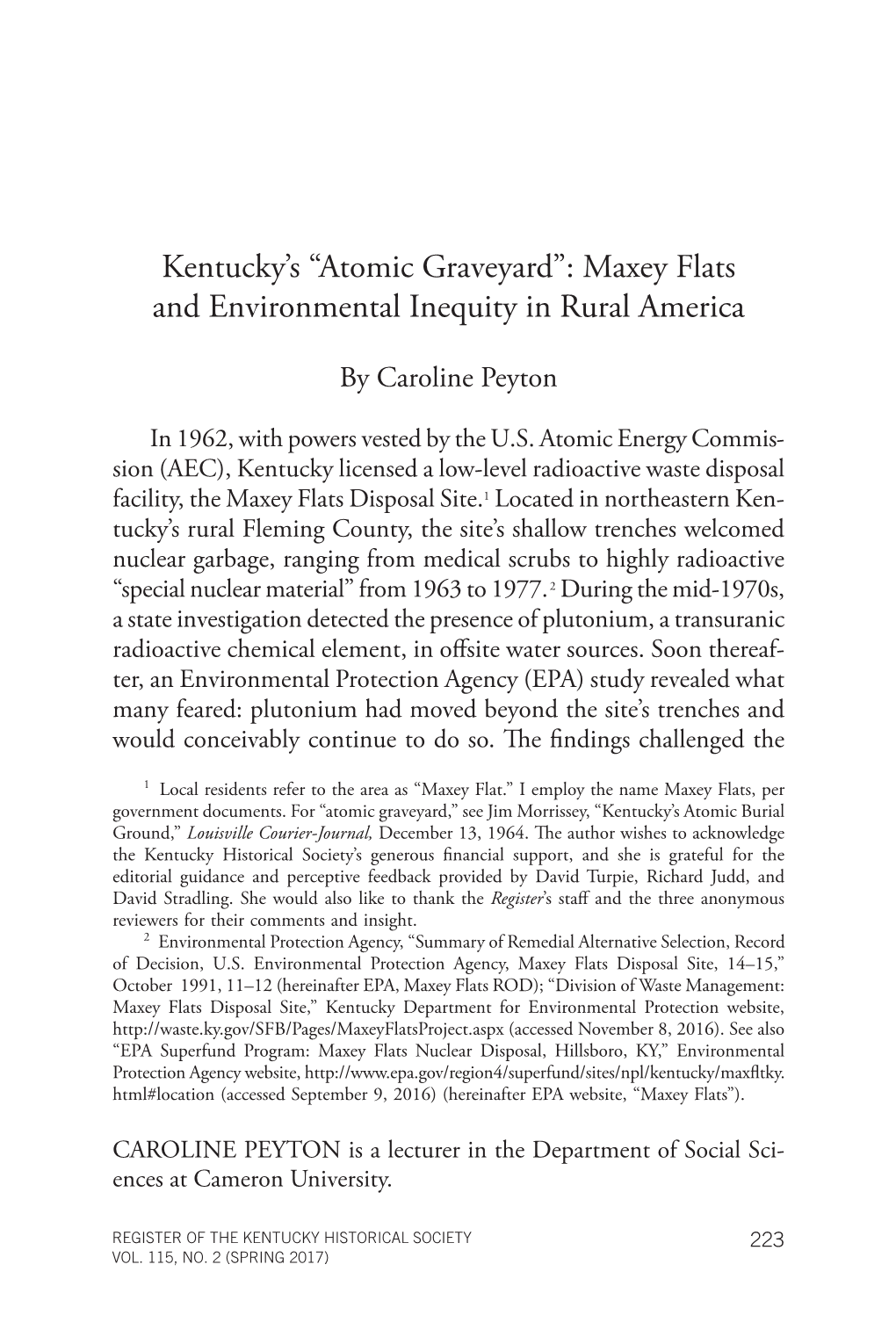 Kentucky's “Atomic Graveyard”: Maxey Flats and Environmental Inequity In
