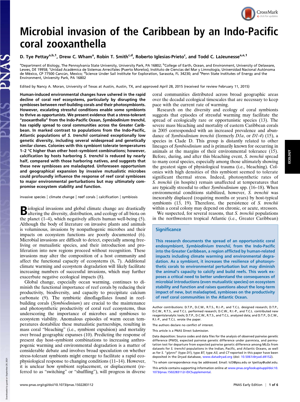 Microbial Invasion of the Caribbean by an Indo-Pacific Coral Zooxanthella