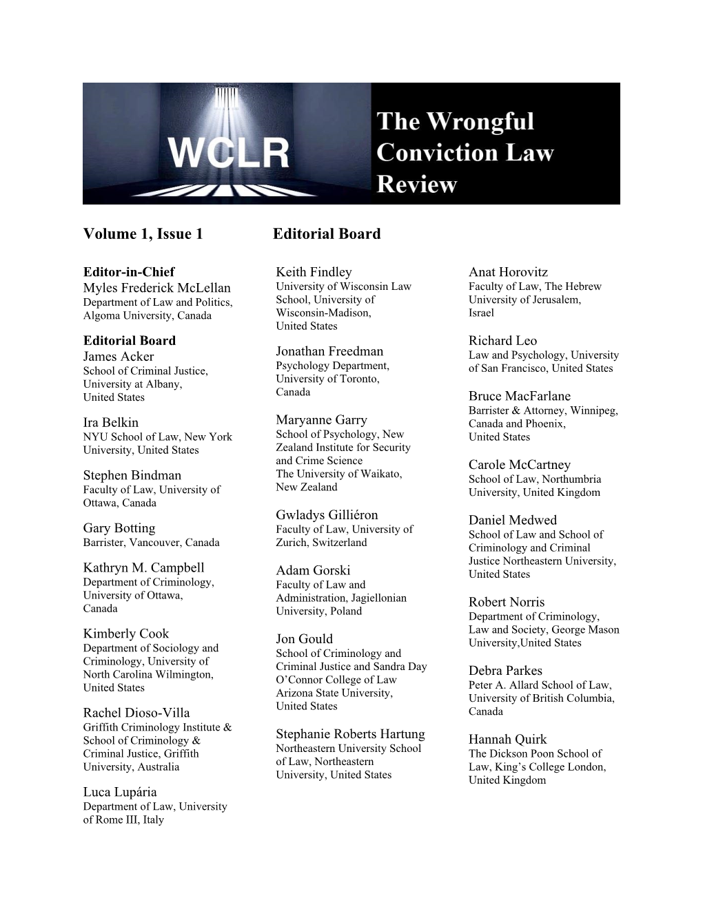 Volume 1, Issue 1 Editorial Board