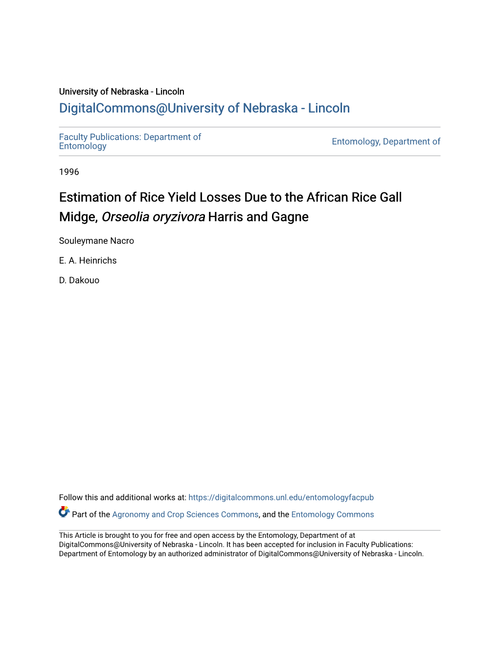 Estimation of Rice Yield Losses Due to the African Rice Gall Midge, Orseolia Oryzivora Harris and Gagne