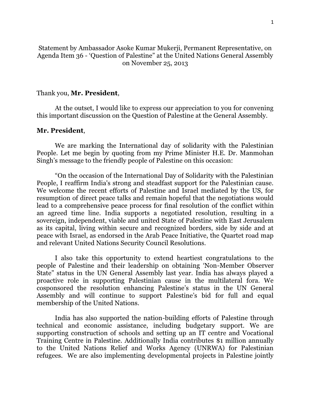 Statement by Ambassador Asoke Kumar Mukerji, Permanent