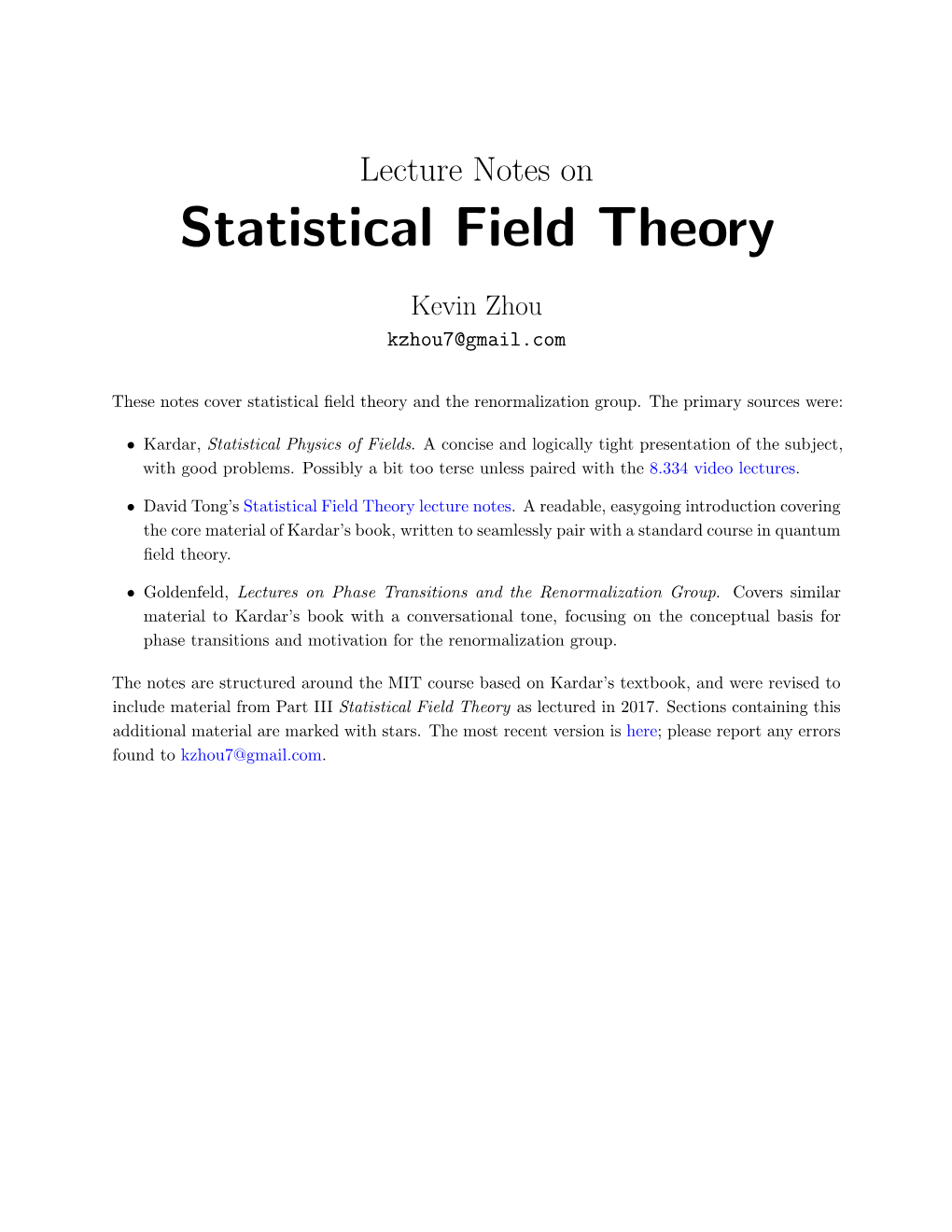 Notes on Statistical Field Theory