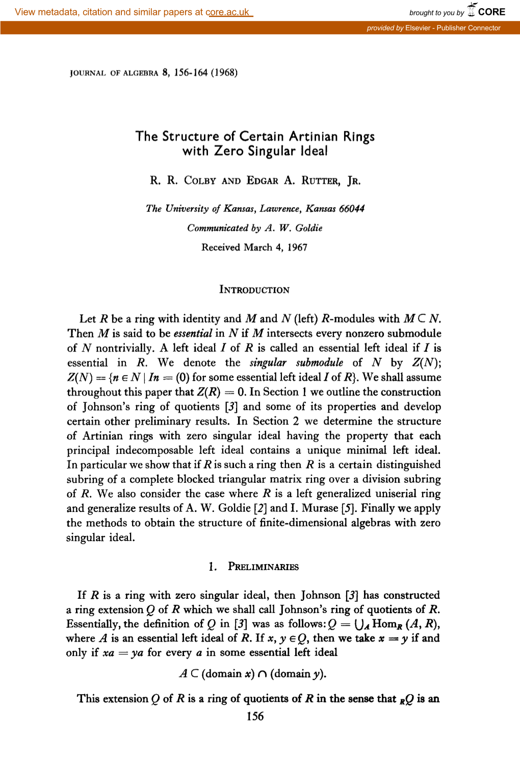 The Structure of Certain Artinian Rings with Zero Singular Ideal