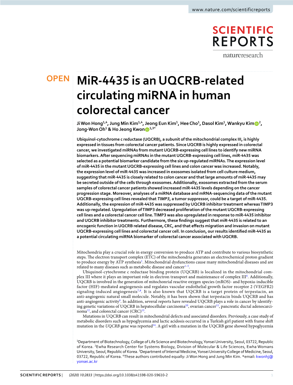 Mir-4435 Is an UQCRB-Related Circulating Mirna in Human