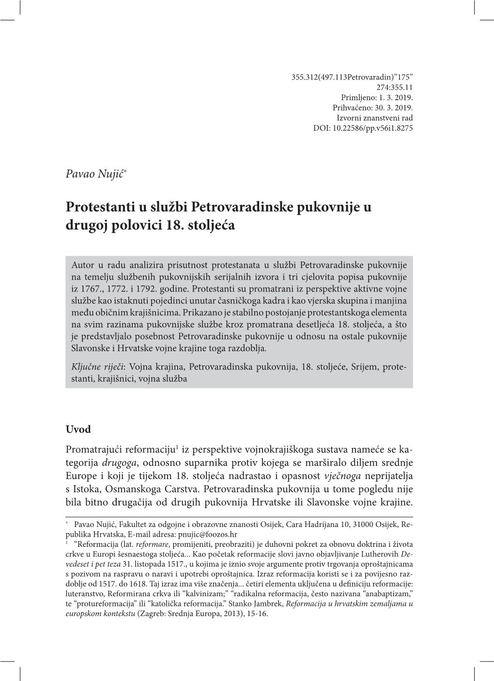 Protestanti U Službi Petrovaradinske Pukovnije U Drugoj Polovici 18. Stoljeća