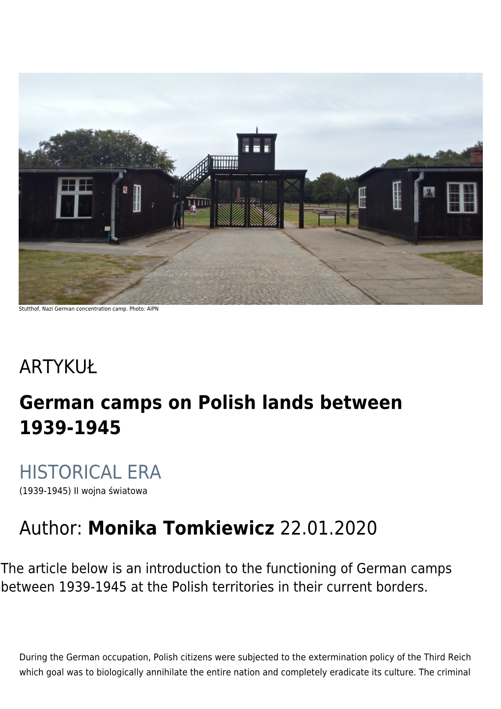 ARTYKUŁ German Camps on Polish Lands Between 1939-1945 HISTORICAL ERA Author