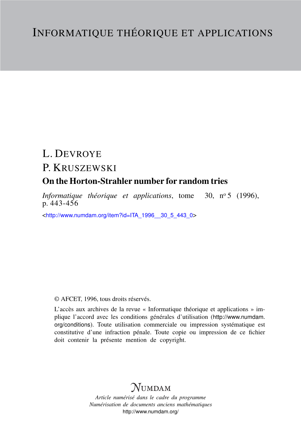 On the Horton-Strahler Number for Random Tries Informatique Théorique Et Applications, Tome 30, No 5 (1996), P