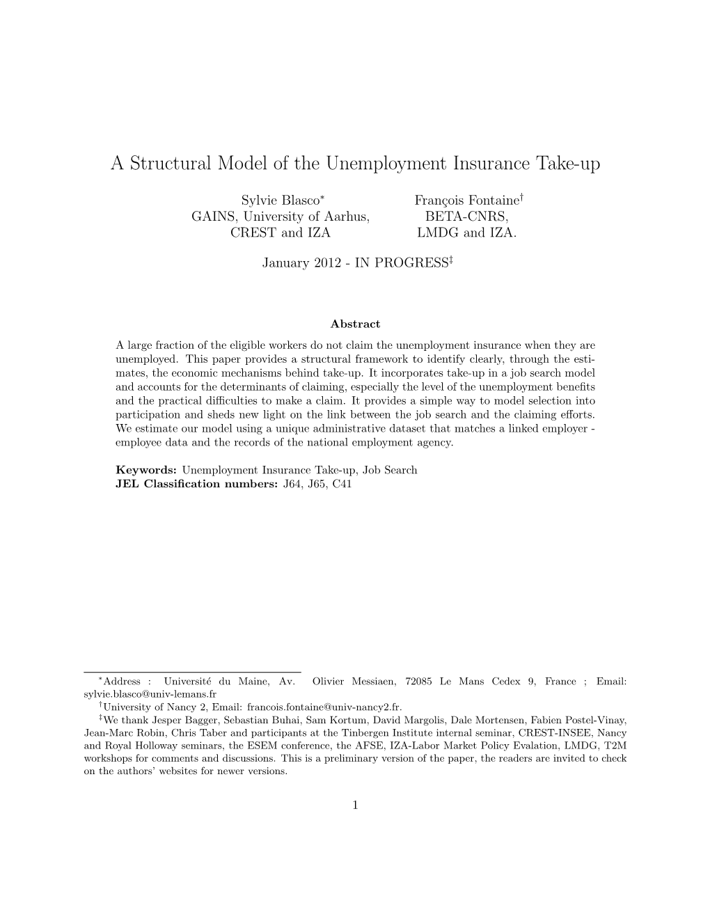 A Structural Model of the Unemployment Insurance Take-Up