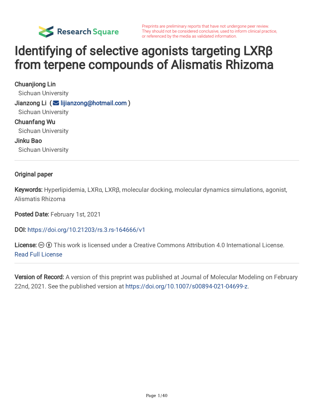 Identifying of Selective Agonists Targeting Lxrβ from Terpene Compounds of Alismatis Rhizoma