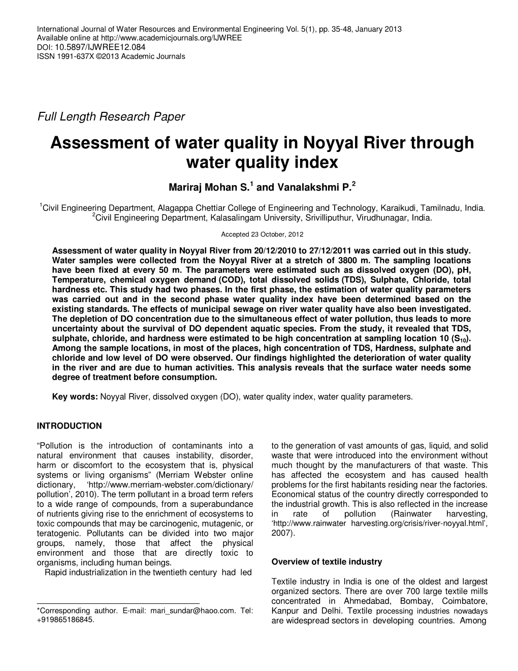 Assessment of Water Quality in Noyyal River Through Water Quality Index