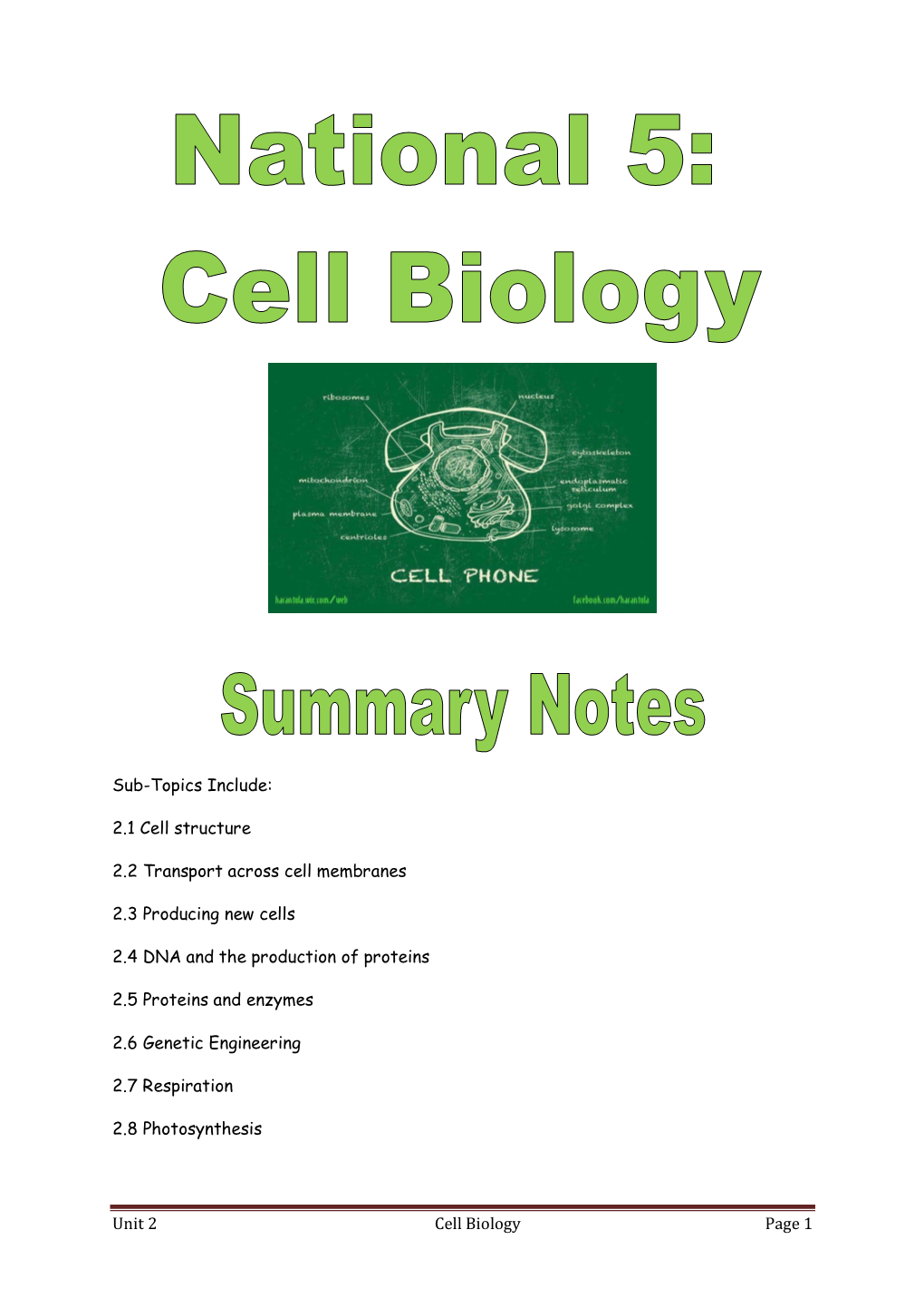 Unit 2 Cell Biology Page 1 Sub-Topics Include