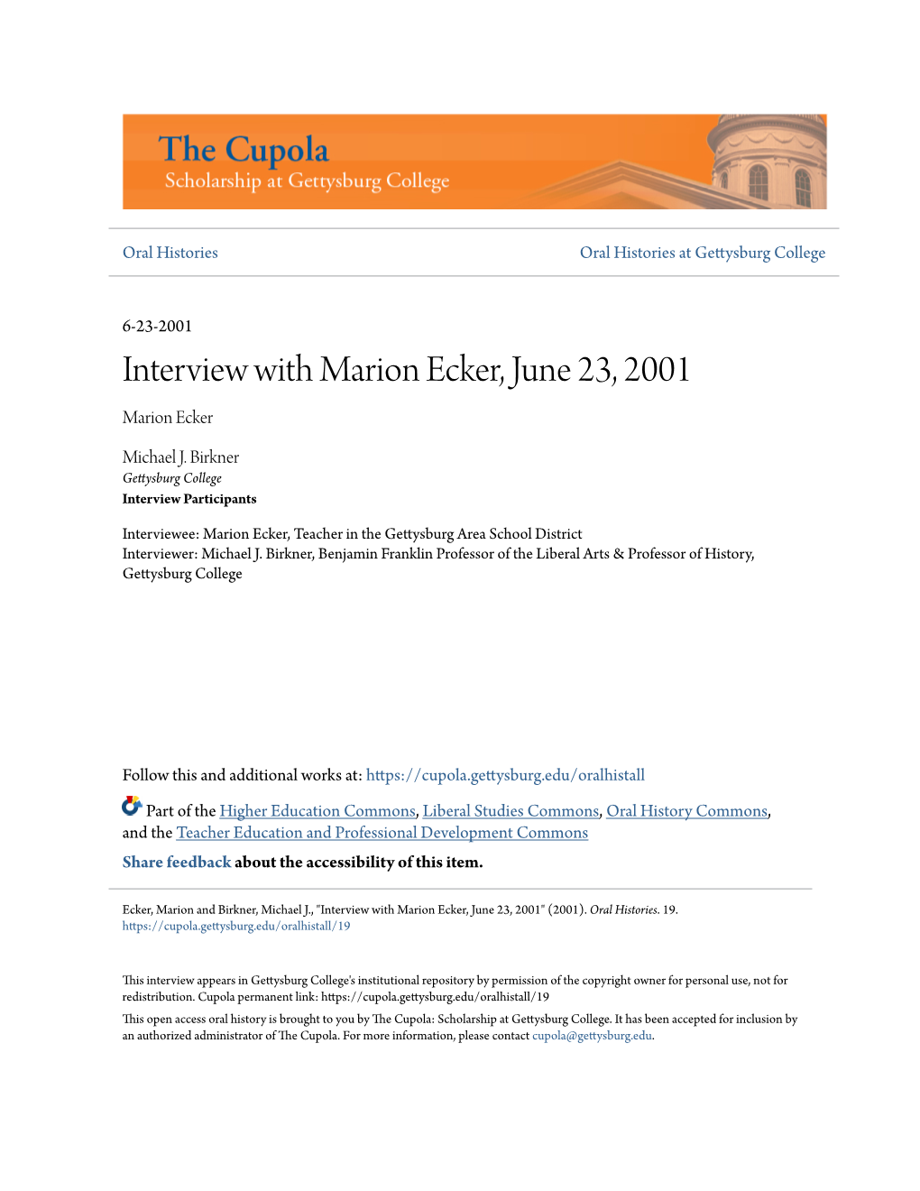 Interview with Marion Ecker, June 23, 2001 Marion Ecker