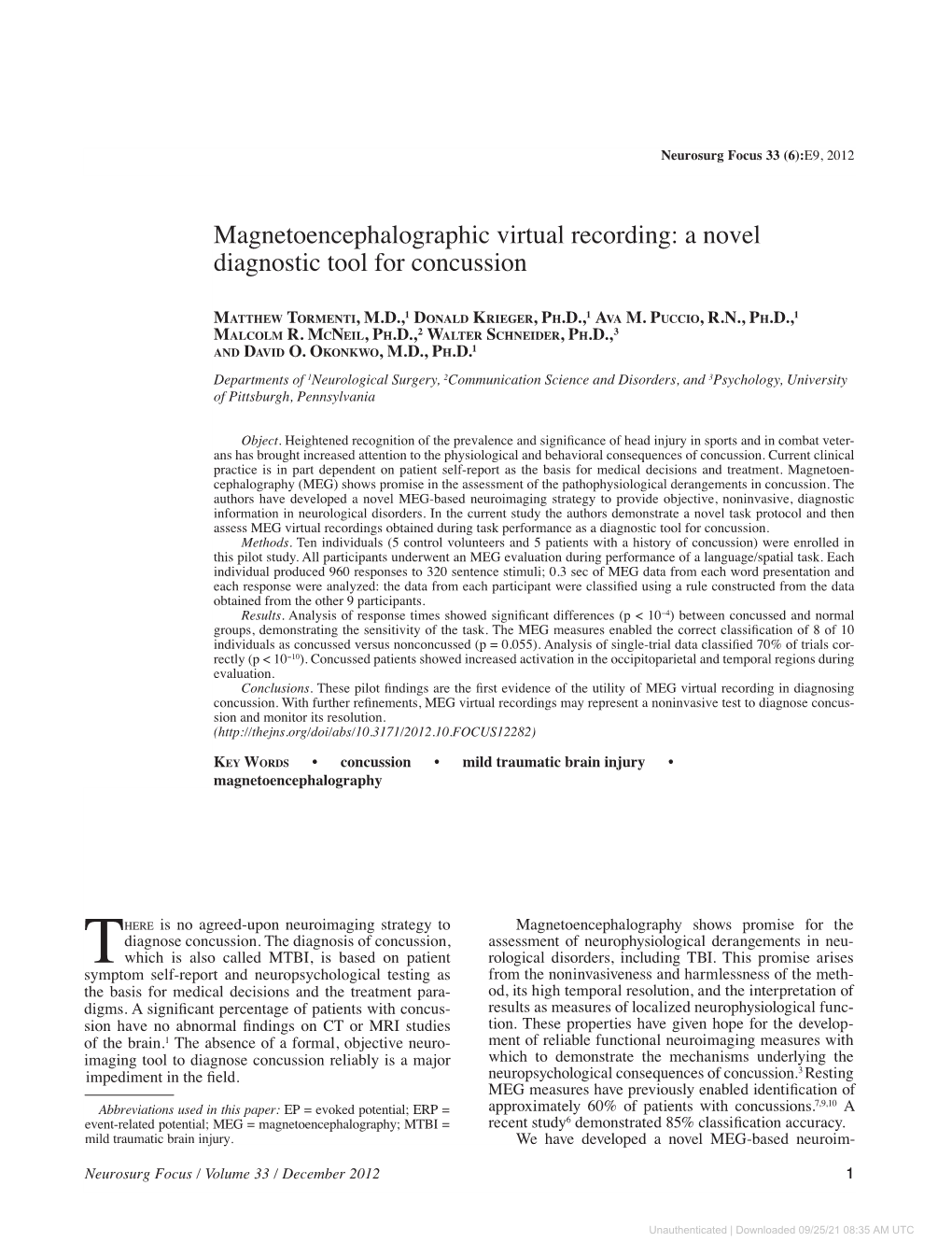 A Novel Diagnostic Tool for Concussion