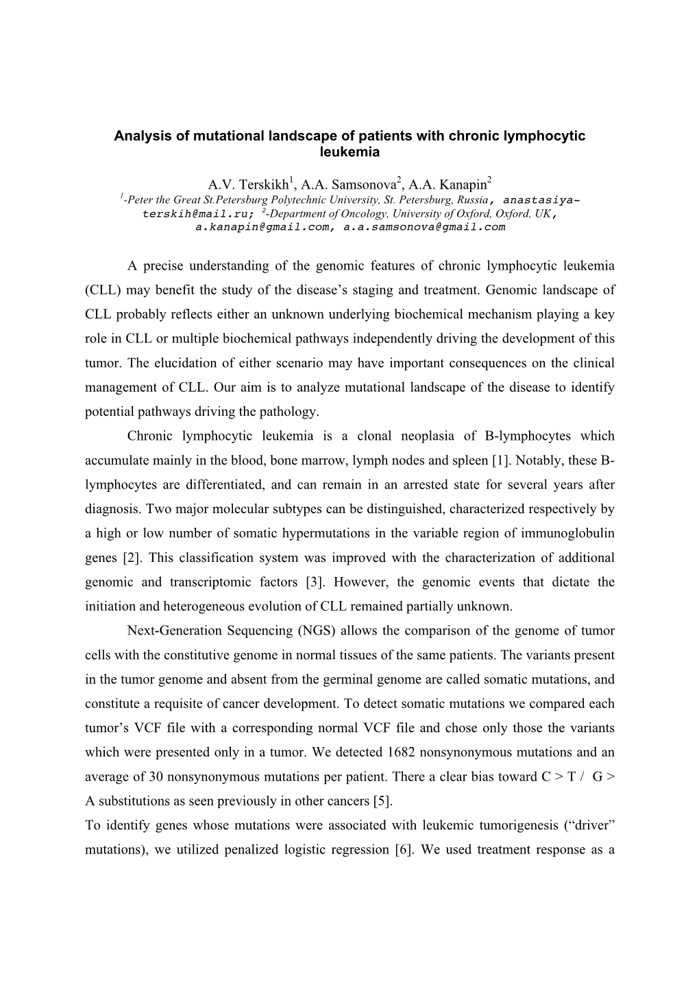 Analysis of Mutational Landscape of Patients with Chronic Lymphocytic Leukemia