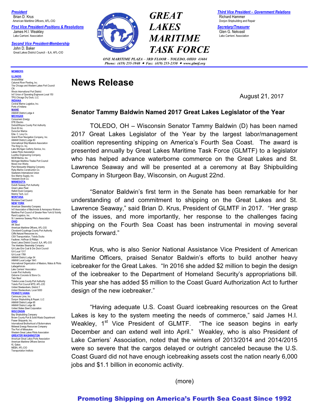 Great Lakes Maritime Task Force (GLMTF) to a Legislator Luedtke Engineering Company MCM Marine, Inc