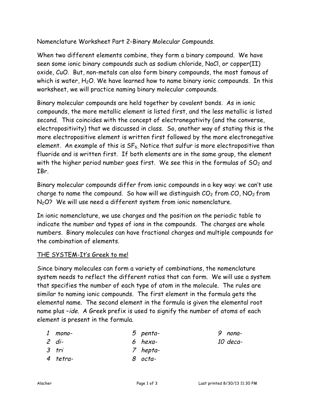 Nomenclature Worksheet Part 2-Binary Molecular Compounds