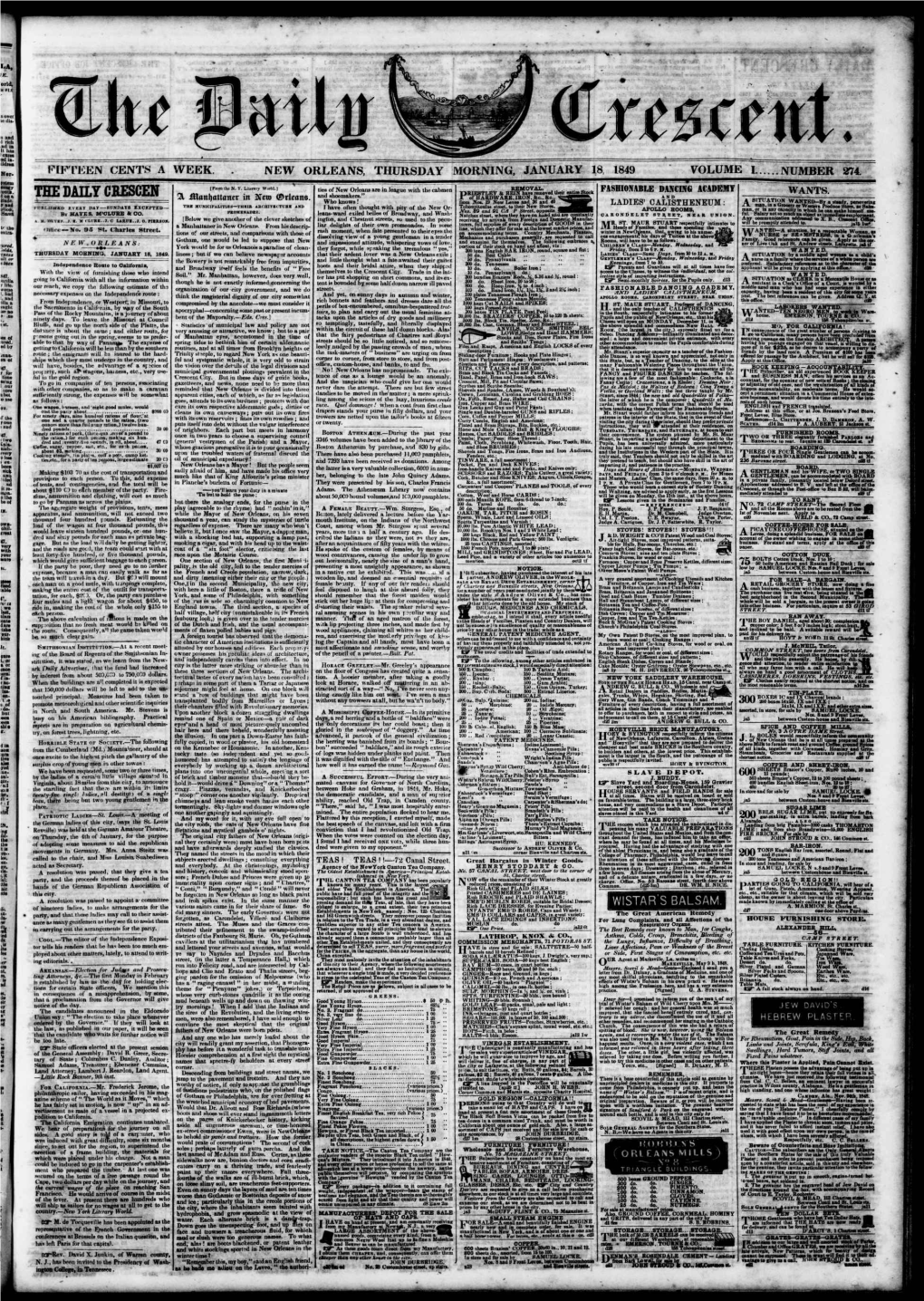 Fiftioen Cents a Week. New Orleans, Thursday Morning, January 18, 1849 Volume I Number 374