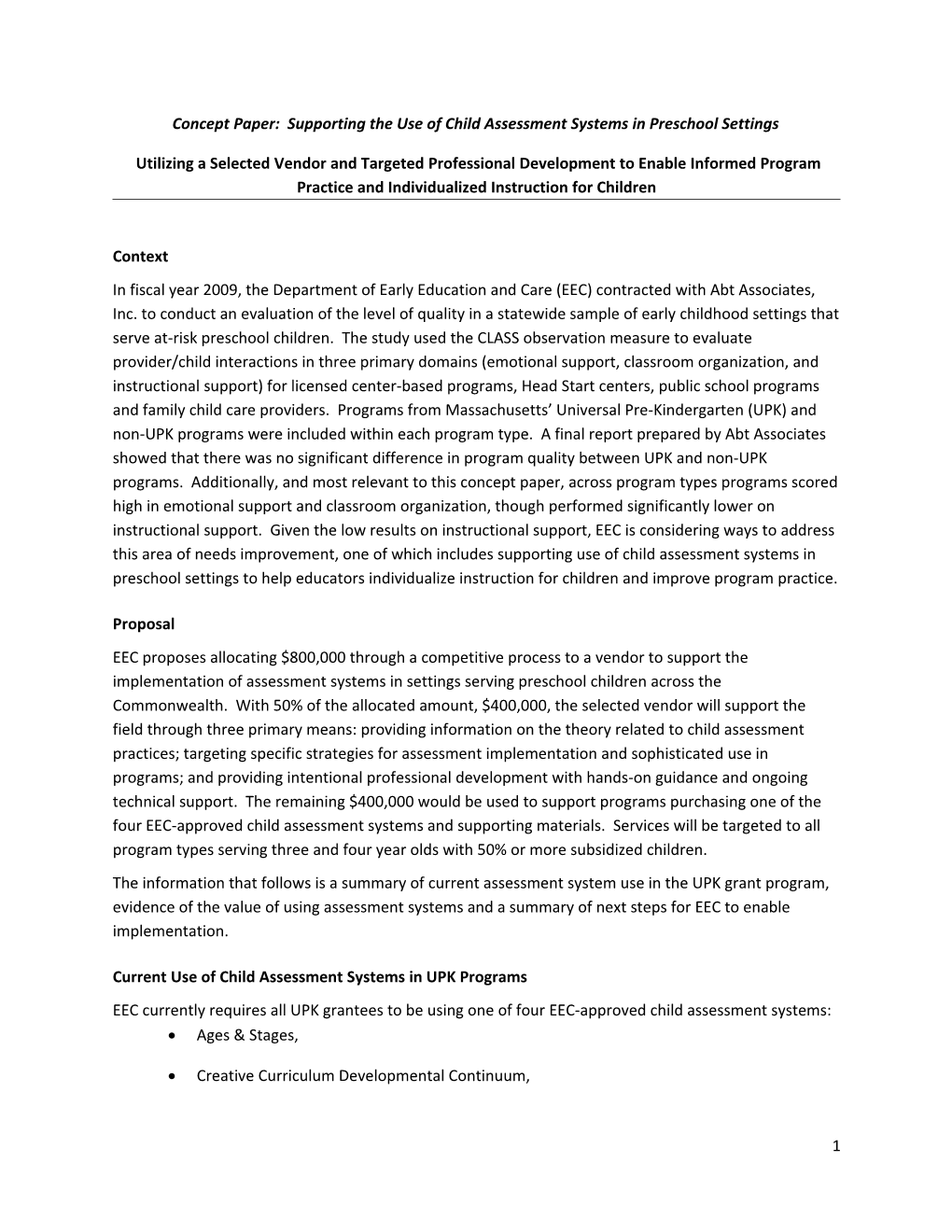 Concept Paper: Supporting the Use of Child Assessment Systems in Preschool Settings