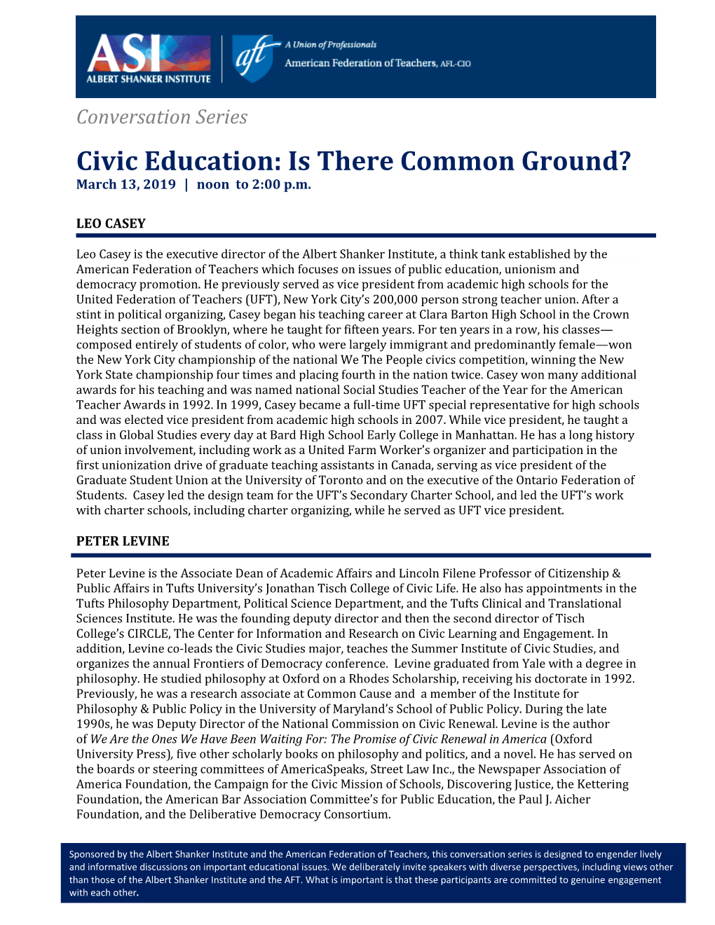 Civic Education: Is There Common Ground? March 13, 2019 | Noon to 2:00 P.M