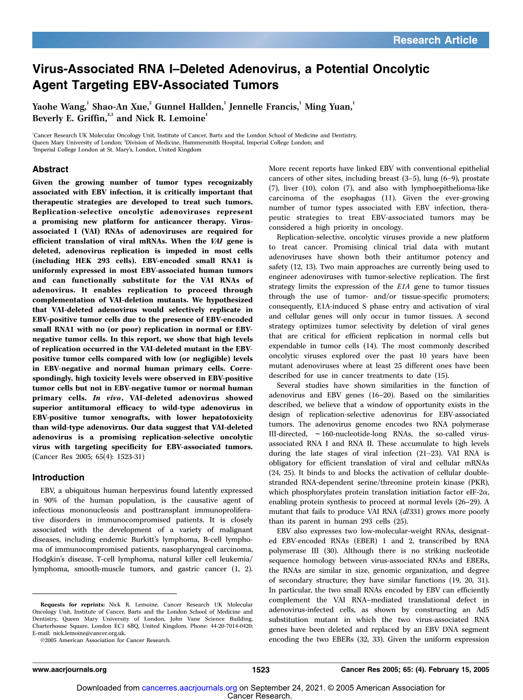 Virus-Associated RNA I–Deleted Adenovirus, a Potential Oncolytic Agent Targeting EBV-Associated Tumors