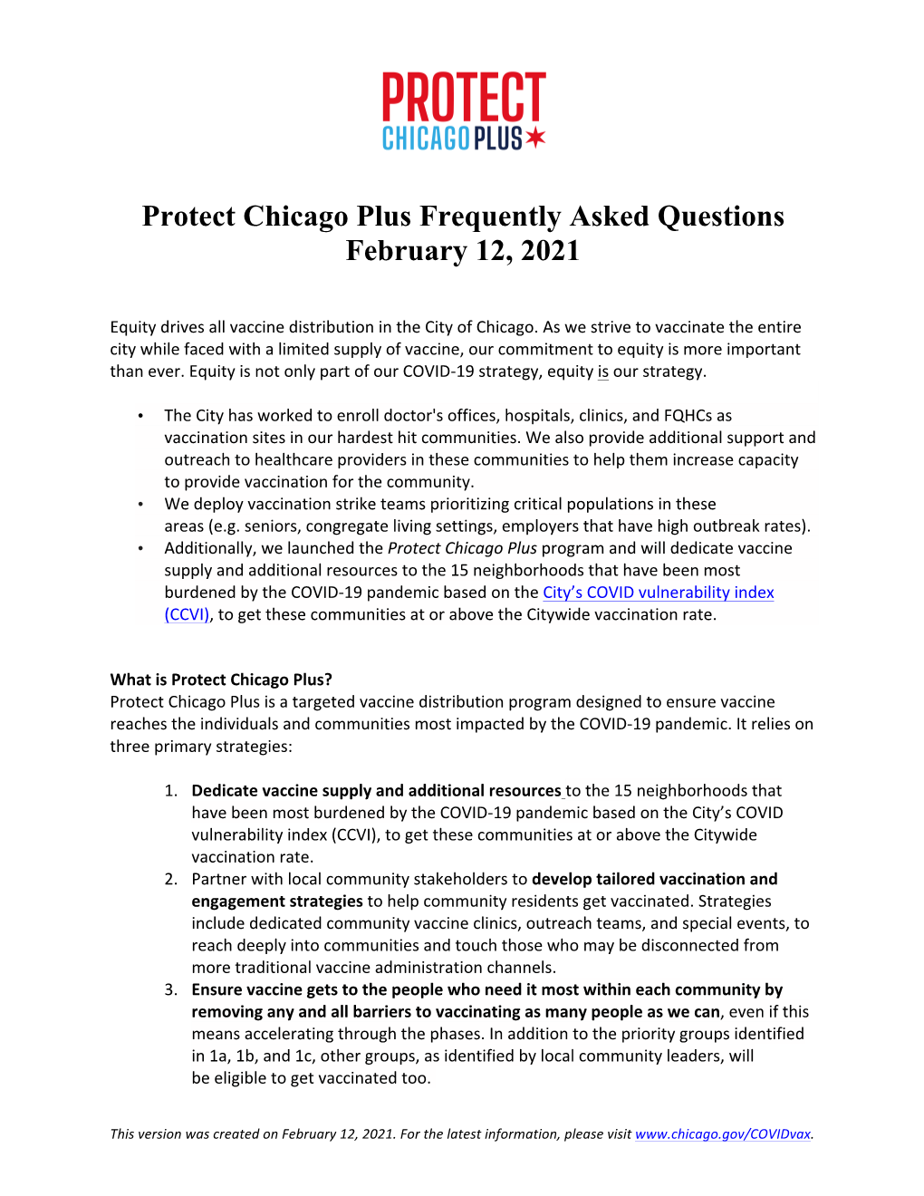 Protect Chicago Plus Frequently Asked Questions February 12, 2021