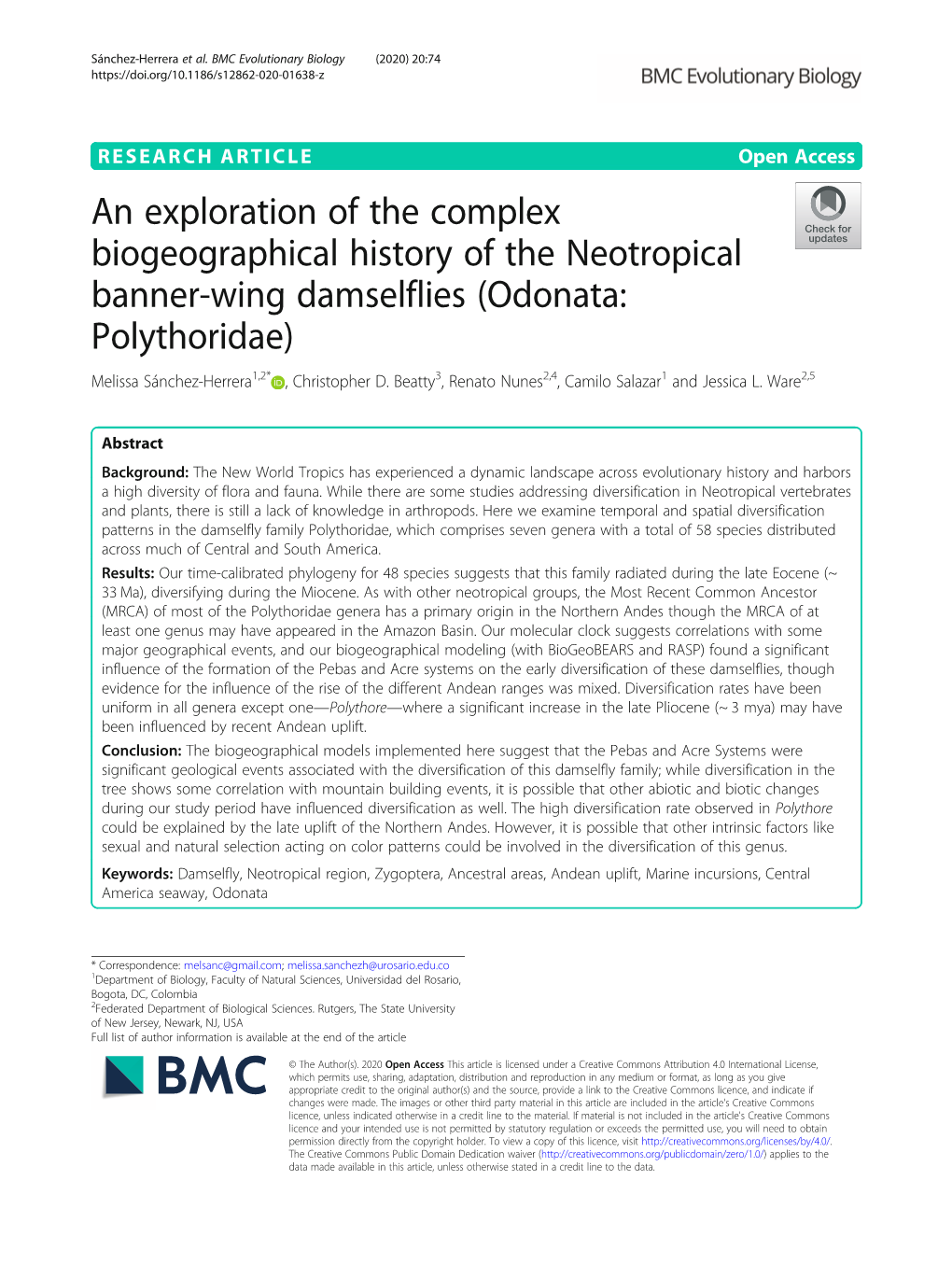 Odonata: Polythoridae) Melissa Sánchez-Herrera1,2* , Christopher D